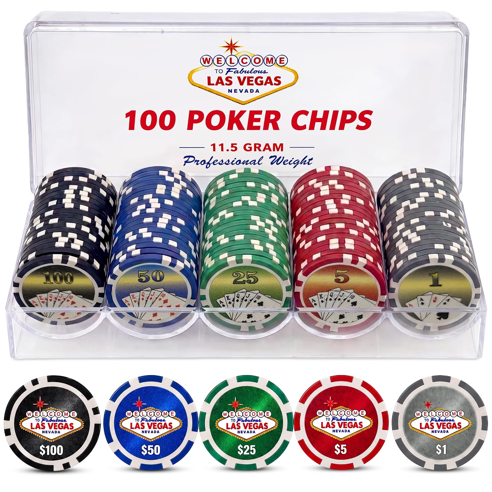 CHH 100 Piece "Las Vegas" Design Poker Chips in Clear Plastic Tray