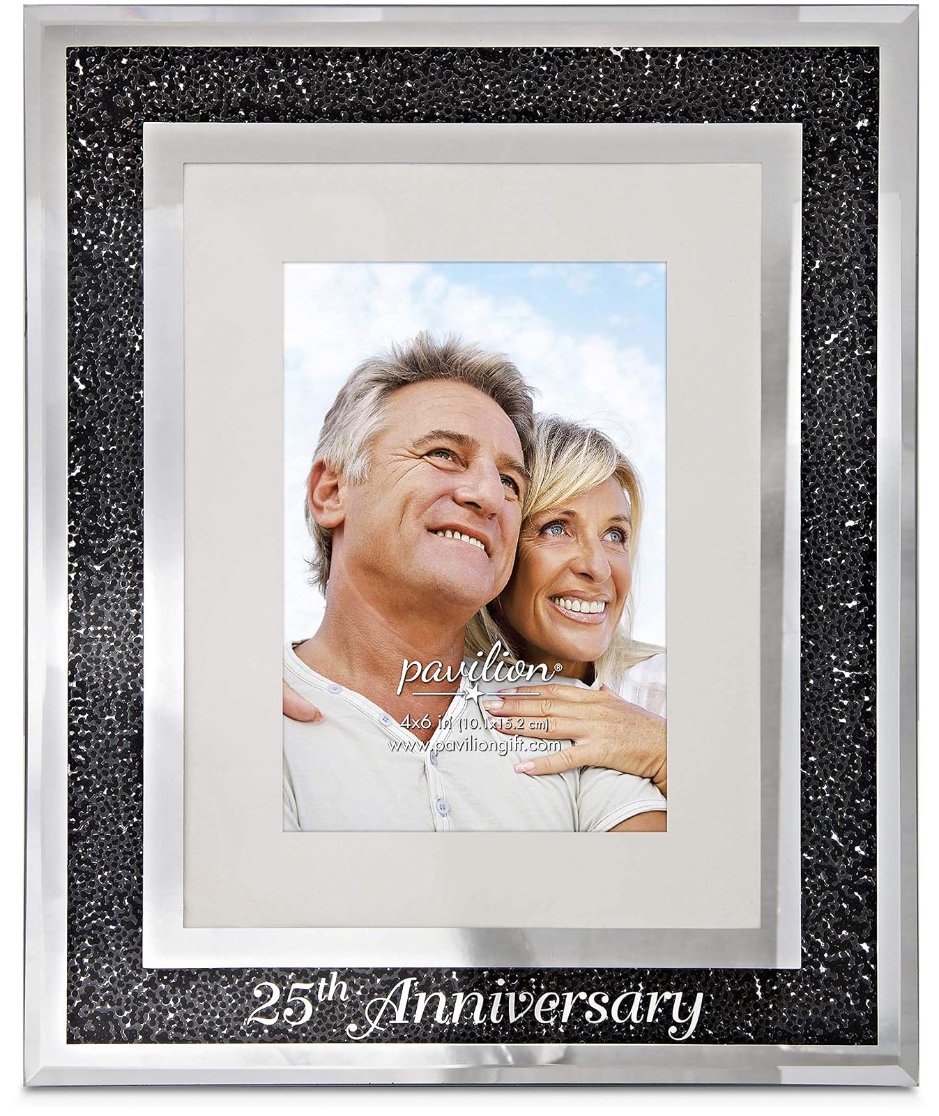 Pavilion Gift Company 85114 Glorious Occasions-25th Anniversary Black Crystal Mirrored 4x6 Picture Frame