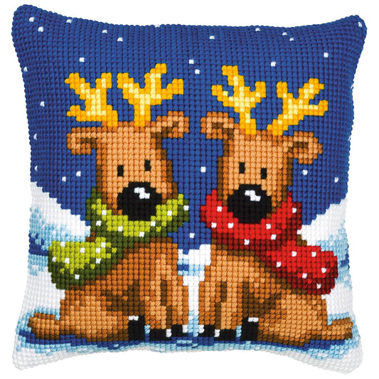 Vervaco Cross Stitch Christmas Embroidery Kits Pillow Front for Self-Embroidery with Embroidery Pattern on 100% Cotton, 15,75 x 15,75 Inches - 40 x 40 cm, Reindeer Twins