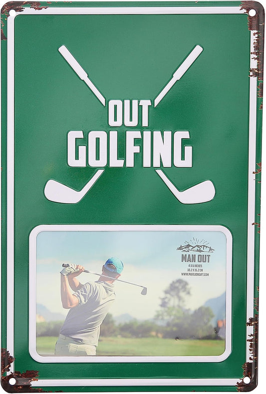 Pavilion - Out Golfing Tin Photo Frame For Golfers (Holds 6 x 4 Photo), Vintage Style License Plate Frame, Tabletop Picture Rustic Frame, Unique Golf Gifts, 1 Count (Pack of 1), 8‚Äù x 11.75‚Äù, Green