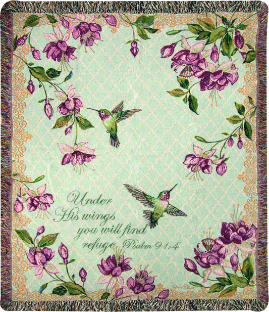Manual Tapestry Throw, Psalm 91:4, 50 x 60", Ruby's Among The Fuchsia's Scripture