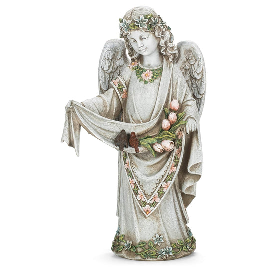 Roman Josephs Studio Inspirational Girl Angel Wearing Floral Trimmed Gown with Birds Garden Statue, 16.5-Inch
