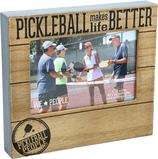 Pavilion Gift Company Pickleball Makes Life Better Horizontal 6.75" x 7.45" MDF Self-Standing Picture Frame, 4" x 6" Photo Holder, Brown & Black