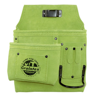 Graintex SS2492 :: 5 Pocket Left Handed Nail & Tool Pouch Lime Green Color Suede Leather for Constructors, Electricians, Plumbers, Handymen