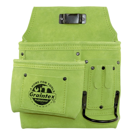 Graintex SS2492 :: 5 Pocket Left Handed Nail & Tool Pouch Lime Green Color Suede Leather for Constructors, Electricians, Plumbers, Handymen