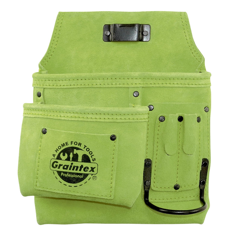 Graintex SS2492 :: 5 Pocket Left Handed Nail & Tool Pouch Lime Green Color Suede Leather for Constructors, Electricians, Plumbers, Handymen