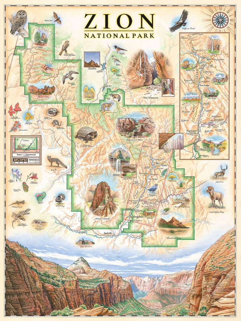 Zion National Park Hand-Drawn Map Poster - Authentic 18x24 Inch Vintage-Style Wall Art - Lithographic Print with Soy-Based Inks - Unique Gift for History Buffs, Travelers, Teachers, or Home Decor - All-Ages - Made In USA