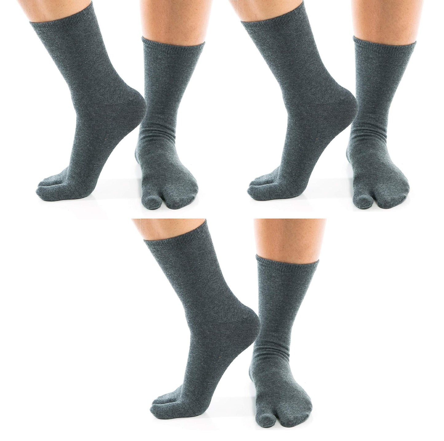 V-Toe Split Toe Flip-Flop Socks - Tabi Premium Cotton Blend Men & Women Sock - Men's Japanese Toe Separated Gray Crew - 3 Pairs Pack