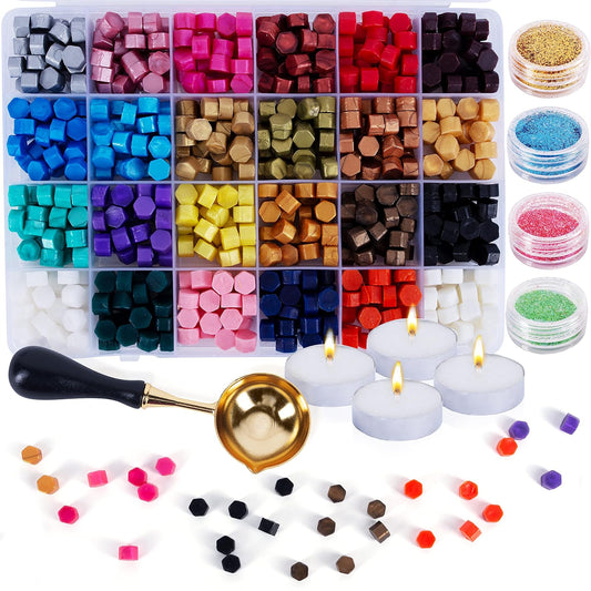 HOPPLER 648 PCS Sealing Wax Beads kit. Wax seal beads, 24 Colors. Wax seal kit for stationary supplies, stamps for crafts, wax for stamp seals, wax stamp kit, gold wax seal beads, and Harry Potter.