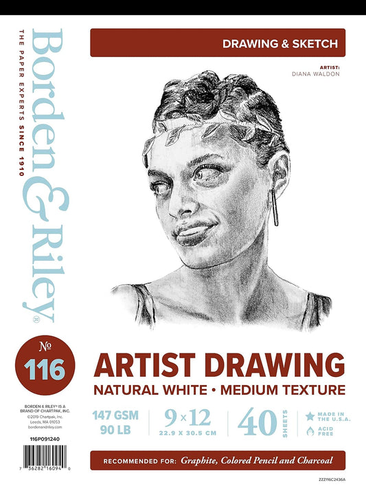 Chartpak Borden & Riley #116 Artist Drawing Paper Pad, 9" x 12", 147 GSM/90 LB, 40 White Sheets, 1 Pad Each (116P091240)