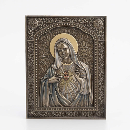 Unicorn Studio Veronese Design 7 1/2" Immaculate Heart of Mary Wall Plaque Resin Sculpture Bronze Finish