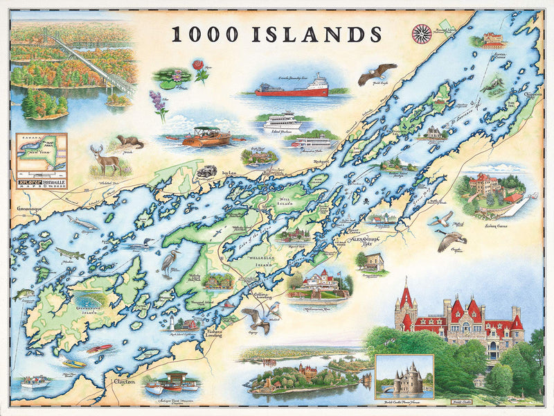 1000 Islands Map Hand-Drawn Map Poster - Authentic 24x18 Inch Vintage-Style Wall Art - Lithographic Print with Soy-Based Inks - All-Ages - Made In USA