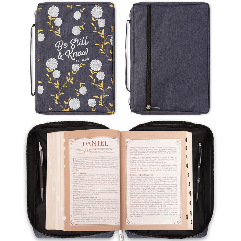 Be Still and Know Psalm 46:10 Floral Navy Blue Canvas Bible Cover for Women Large Zippered Case for Bible or Book w/Handle