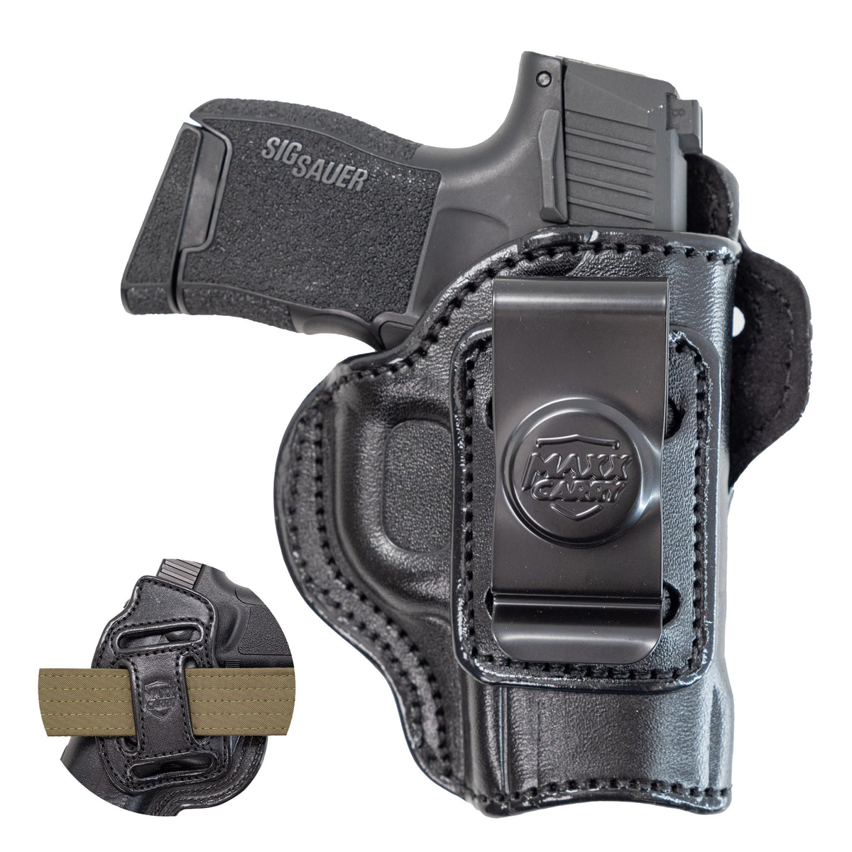Maxx Carry Multi-Carry 4-Way OWB & IWB Premium Leather Gun Holster fits Sig P365 Nitron Micro Compact 9mm, P365 SAS, P938 | Kimber Micro 9 & Solo 9 Strong Side, Cross Draw and Small of the Back Carry