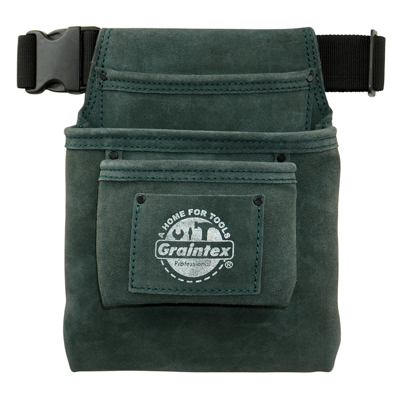 Graintex SS2493 :: 3 Pocket Nail & Tool Pouch Hunter Green Color Suede Leather with 2” Webbing Belt for Constructors, Electricians, Plumbers, Handymen