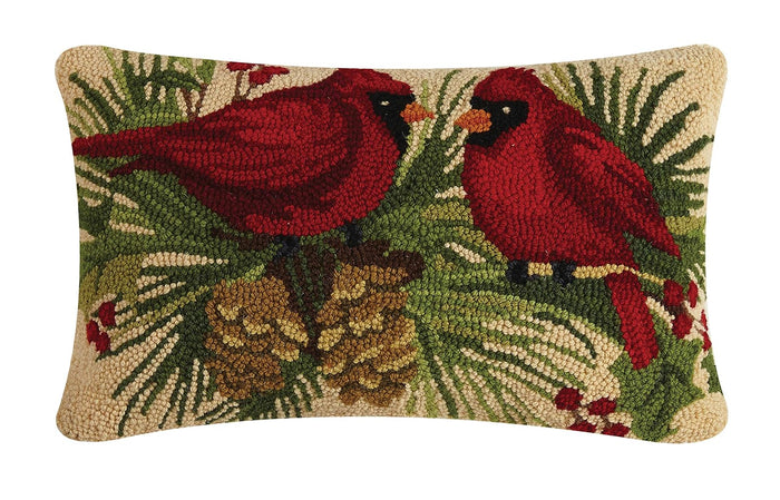 Peking Handicraft  Holly Cardinals Duo Holiday Hook Pillow, 20-inch Length, Wool and Cotton