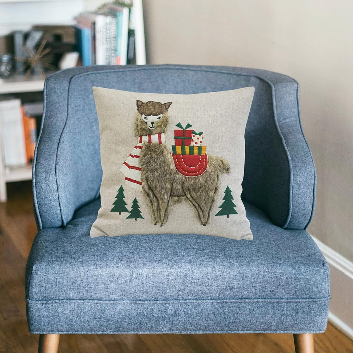 Comfy Hour Holiday Animals Collection Holiday Fur Llama Accent Pine Tree Pillow Throw Pillow Decorative Cushion, 18"x18", Polyester