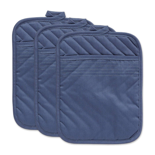 DII Design Heat Resistant Quilted Cotton, Pocket Potholder, 7x9, French Blue, 3 Piece