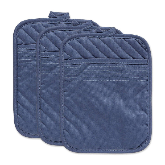 DII Design Heat Resistant Quilted Cotton, Pocket Potholder, 7x9, French Blue, 3 Piece