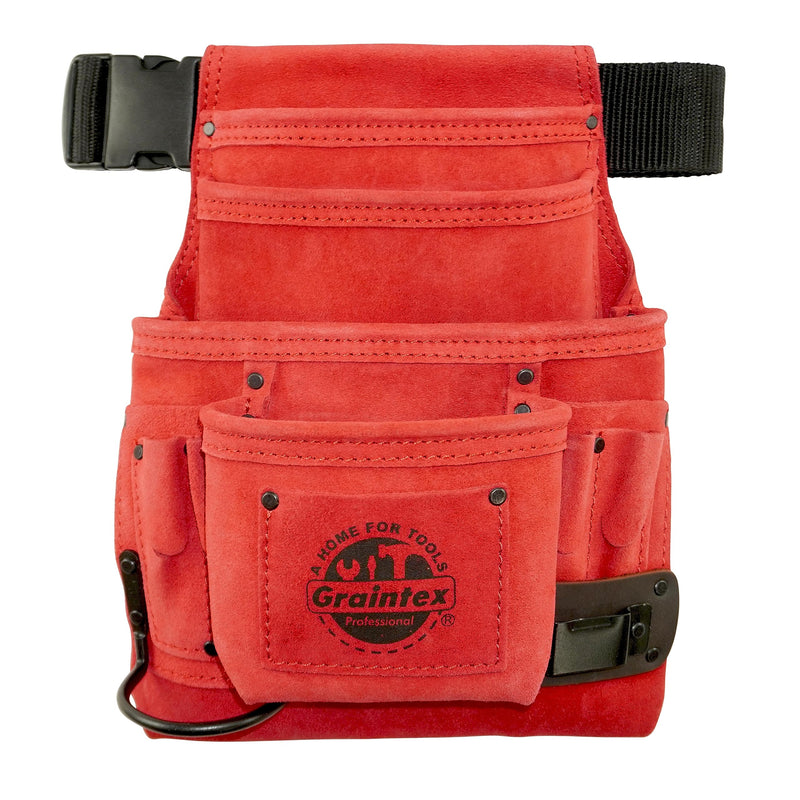 Graintex SS2522 :: 10 Pocket Nail & Tool Pouch Red Color Suede Leather with 2” Webbing Belt for Constructors, Electricians, Plumbers, Handymen