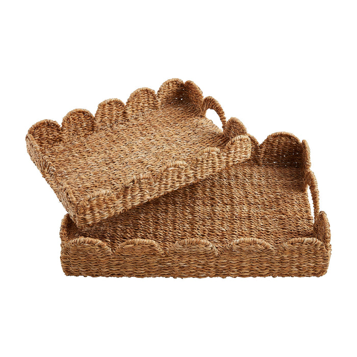 Mud Pie Nested Scallop Woven Trays Set, 21.63"x15.75", BROWN
