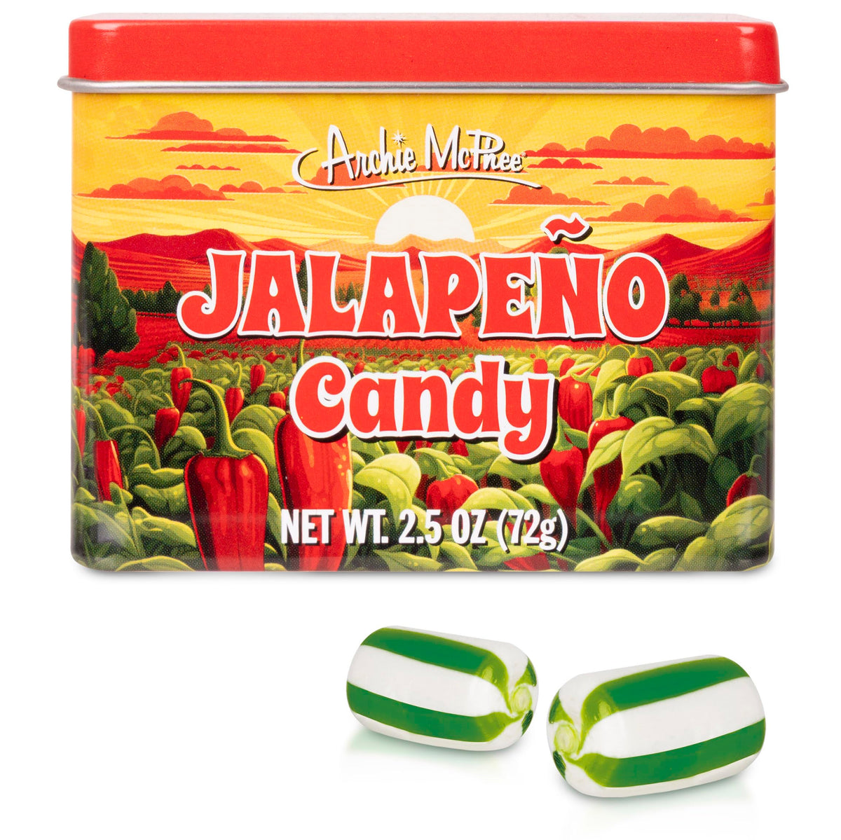 Archie McPhee Jalapeño Candy Tin – Spicy Jalapeño Flavored Hard Candy, Unique Novelty Snack, 2.5 oz Tin of Individually Wrapped Green & White Striped Candies