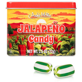 Archie McPhee Jalapeño Candy Tin – Spicy Jalapeño Flavored Hard Candy, Unique Novelty Snack, 2.5 oz Tin of Individually Wrapped Green & White Striped Candies