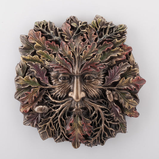 Unicorn Studio Veronese Design 5 1/8 Inch Autumn Equinox Acorn Greenman Wall Sculpture Hand Painted Resin Plaque