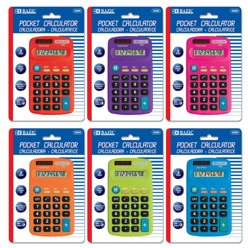 BAZIC 8-Digit Dual Power Pocket Size Calculator (Color may vary)