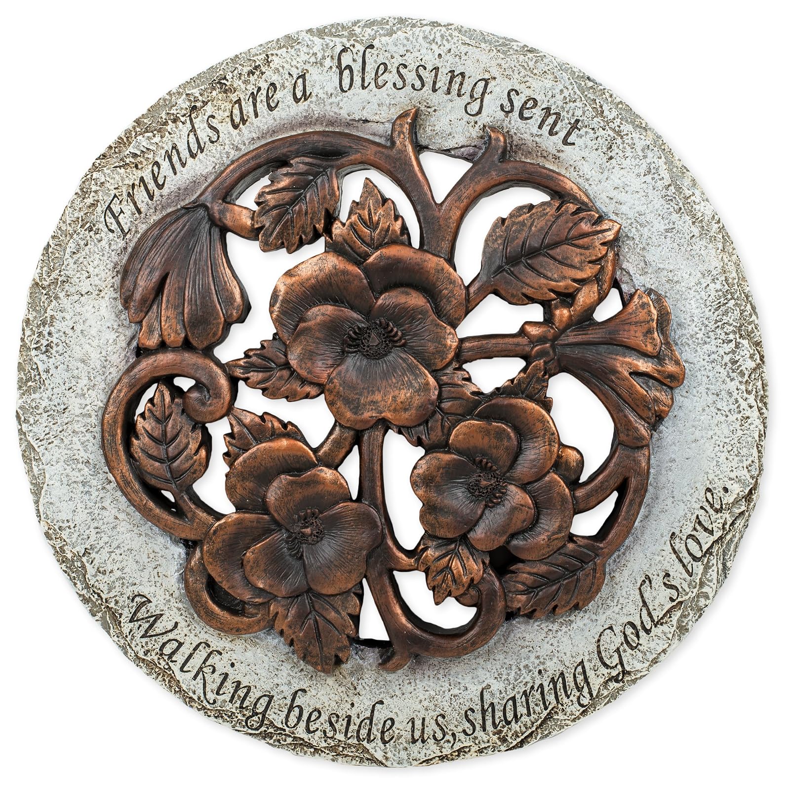 Roman Exclusive Terrace Garden Stone with a Flower and Verse 12.2-Inch 2-Tone Dolomite/Resin