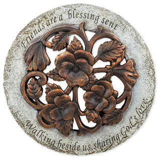 Roman Exclusive Terrace Garden Stone with a Flower and Verse 12.2-Inch 2-Tone Dolomite/Resin