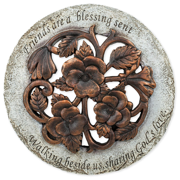 Roman Exclusive Terrace Garden Stone with a Flower and Verse 12.2-Inch 2-Tone Dolomite/Resin