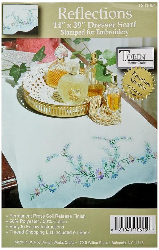 Design Works Crafts Tobin Stamped Dresser Scarf, Reflections, 14" x 39" Embroidery Kit, White
