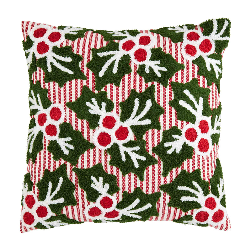 Mud Pie Holly Embroidered Pillow, 18" x 18", Red/Green