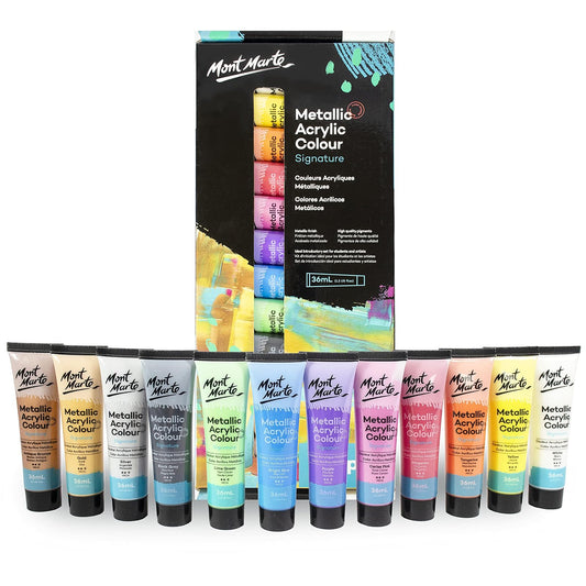 Mont Marte Premium Metallic Acrylic Paint Set, 12 x 1.02oz (36ml) Tubes, 12 Colors, Suitable for Most Surfaces Including Canvas, Card, Paper and Wood