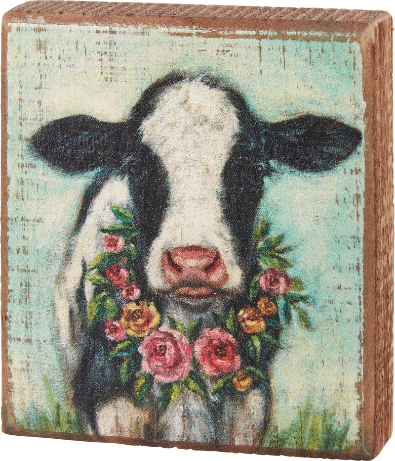 Primitives by Kathy 115563 Calf with Wreath Holiday Block Sign, Wood, 3.5 x 4 x 1-inch