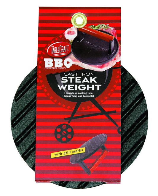 TableCraft BBQ3015 BBQ Coated Cast Iron 7-Inch Round Steak Weight with Wood Handle Small Black