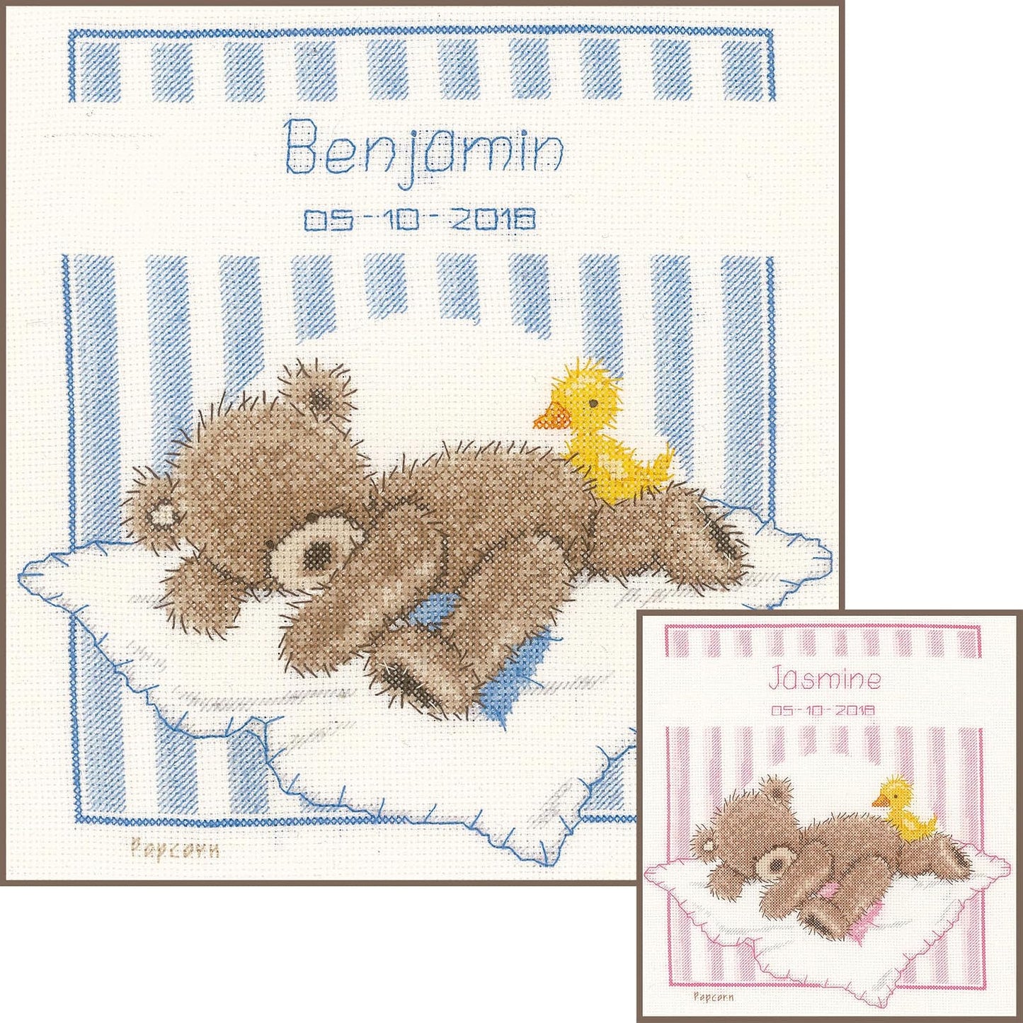 Vervaco Counted Cross Stitch Kit: Birth Record: Popcorn Bear & Souffl√© Duck, 16 x 13cm, N