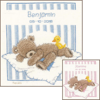 Vervaco Counted Cross Stitch Kit: Birth Record: Popcorn Bear & Souffl√© Duck, 16 x 13cm, N