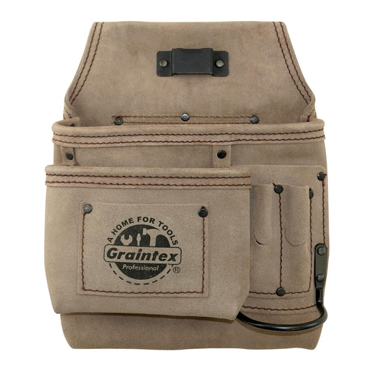 Graintex SS2292 5 Pocket Left Handed Nail & Tool Pouch Beige Color Suede Leather for Constructors, Electricians, Plumbers, Handymen