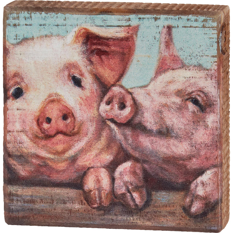 Farmhouse Pink Pigs Decorative Wooden Block Sign Decor 4 Inch x 4 Inch