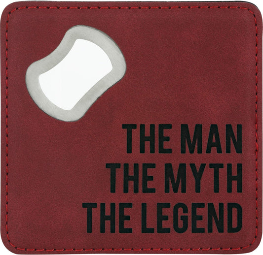 Pavilion Gift Company The Man The Myth The Legend 4 Inch Stainless Steel Bottle Opener Coaster, 4", Red
