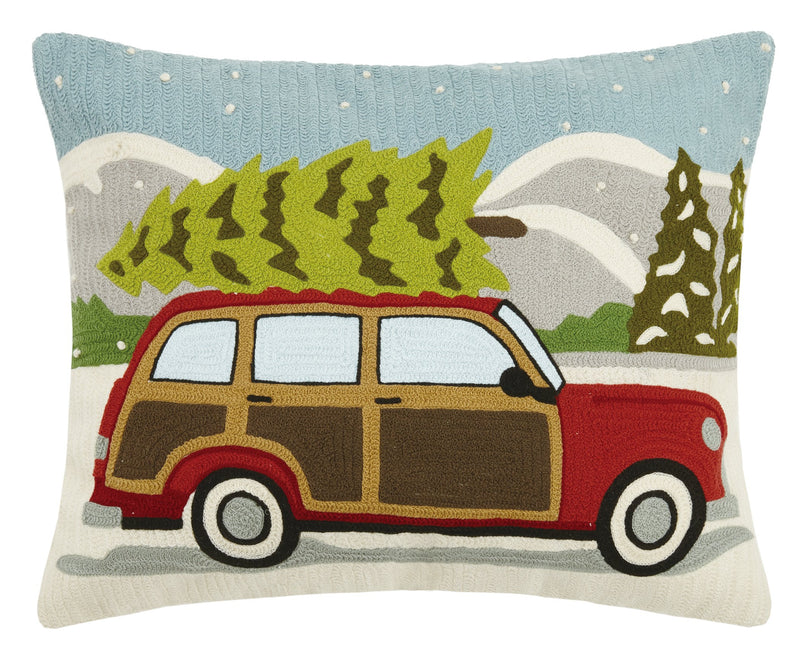 Peking Handicraft Wagon with Xmas Tree Crewstitch Pillow, Red