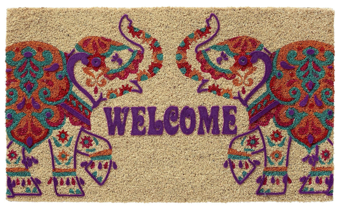 Larry Traverso Boho Market Printed and Flocked 100% Coir Doormat, 18 x 30 inches, Slip-Resistant PVC Backing, Durable, Sustainable, Multi-Colored, Elephant Welcome Design, 5 Styles Available