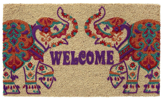 Larry Traverso Boho Market Printed and Flocked 100% Coir Doormat, 18 x 30 inches, Slip-Resistant PVC Backing, Durable, Sustainable, Multi-Colored, Elephant Welcome Design, 5 Styles Available