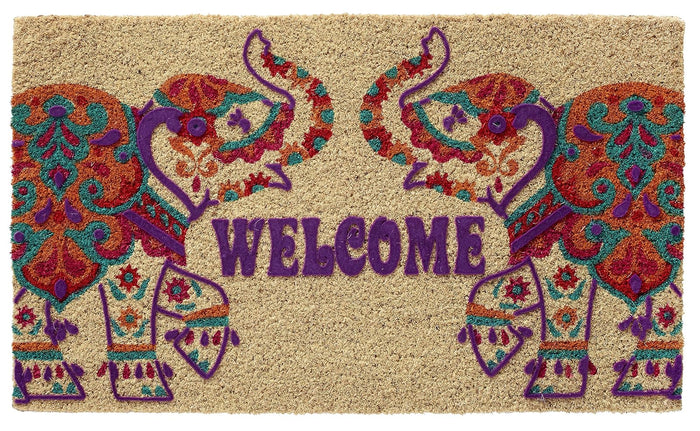 Larry Traverso Boho Market Printed and Flocked 100% Coir Doormat, 18 x 30 inches, Slip-Resistant PVC Backing, Durable, Sustainable, Multi-Colored, Elephant Welcome Design, 5 Styles Available