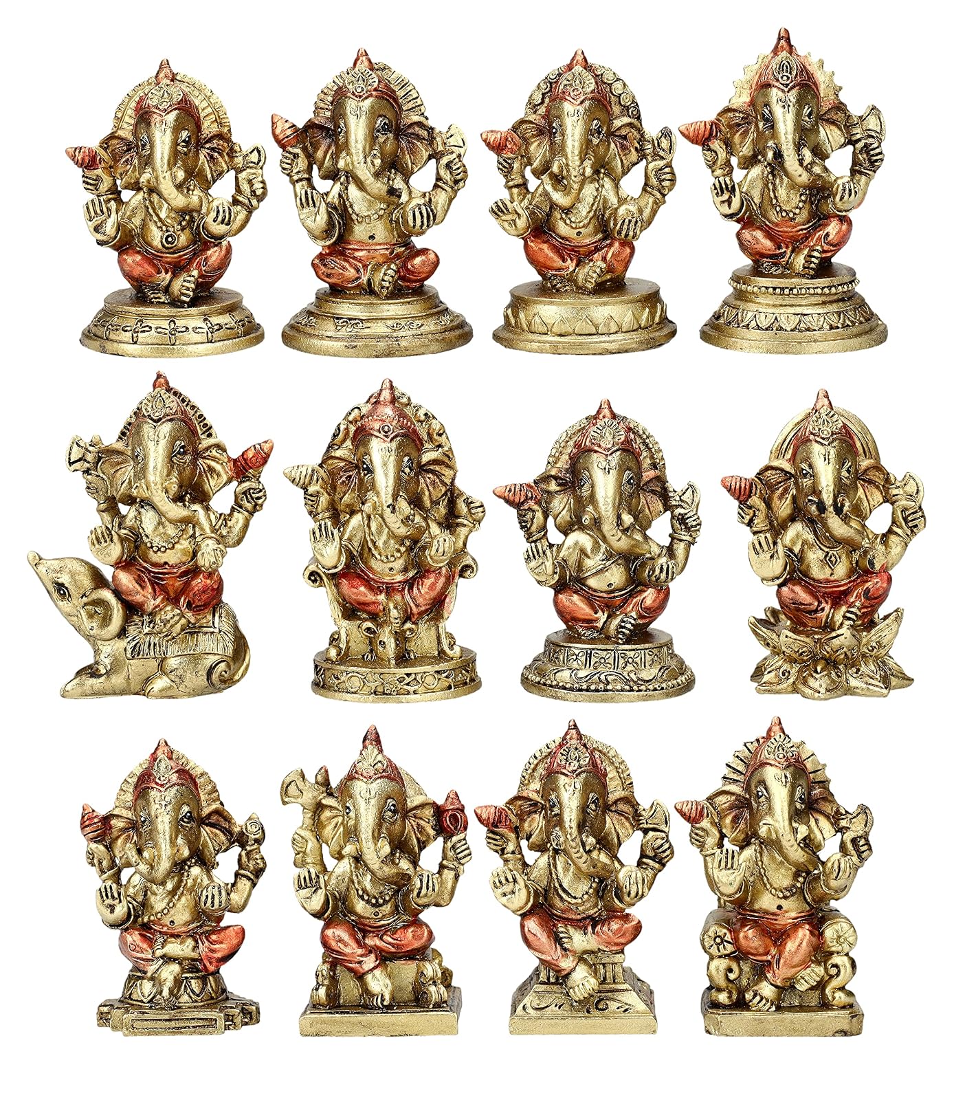 Pacific Trading Giftware Ganesha Figurine, Set of 12, 2.67-inch Height, Gold