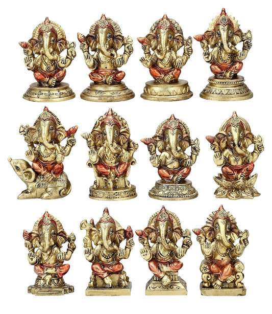 Pacific Trading Giftware Ganesha Figurine, Set of 12, 2.67-inch Height, Gold