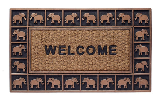 Larry Traverso Boho Market Rubber and Coir Flatweave Doormat, 18 x 30 inches, Durable, Sustainable, Antique Bronze Elephant Border Design, Brown, Black