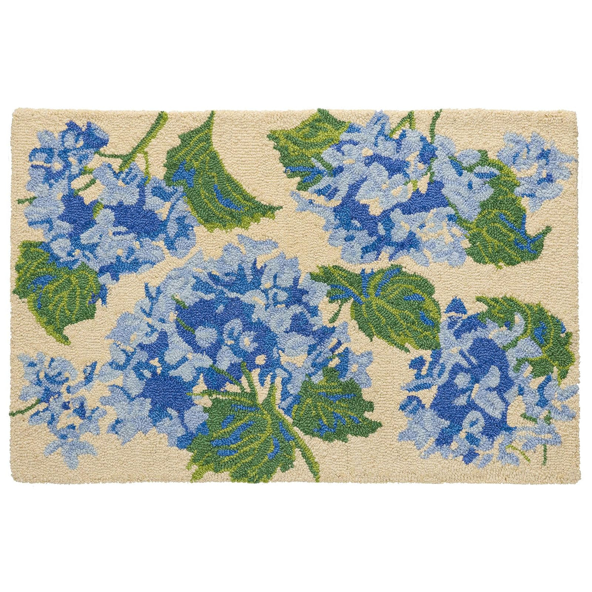 Larry Traverso Hydrangeas Rug, 24 x 36 inches, Hand-Hooked 100% Wool Floral Accent Rug, Low-Profile, Cotton Canvas Backing